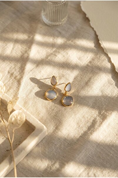 SR Jewelry Box 🤍 Gold Çerçeveli Çift Taşlı Gri Kedi Gözü Doğaltaş Kadın Küpe
