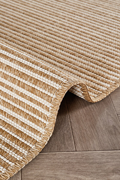 Santiva Home Jüt Rengi Bej Beyaz Çizgili Hasır Sisal Naturel Halı Makinada Yı...