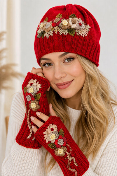 edirneörgü Women's Red Hand-Embroidered Beret and Fingerless Gloves Set – Han...