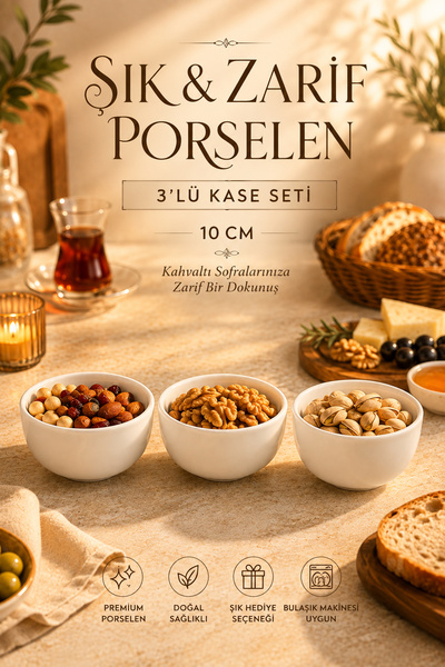Porsima Snap 3'lü Porselen Çerezlik ve Kahvaltılık Kase Seti – 10 cm Beyaz So...