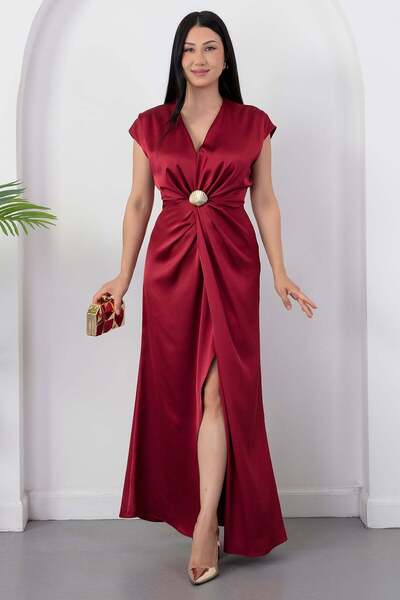 PULLIMM V Yaka Beli Tokalı Yırtmaçlı Elbise K-252618