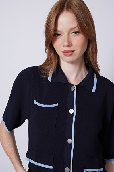 Nisan Striped Detail Tricot Cardigan Navy Blue