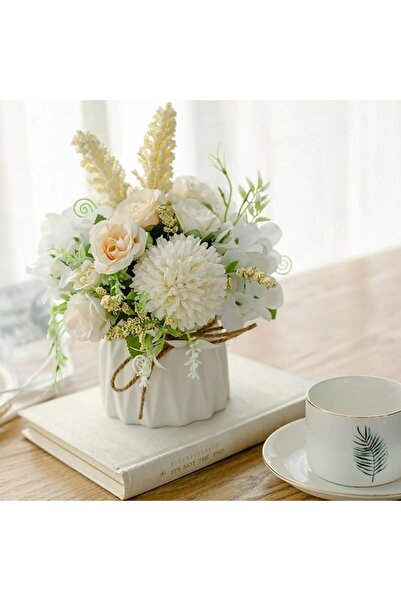 Tazweeq Silk Flower Centerpiece with Ceramic Vase, White Roses & Hydrangea