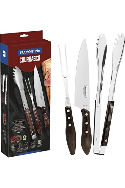 TRAMONTINA Churrasco 3 Pieces Stainless Steel Barbecue Utensil Set with Treat...