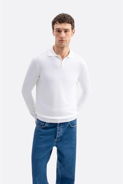 GIESTO basic™ Uzun Kol Polo Yaka Beyaz Triko T-Shirt