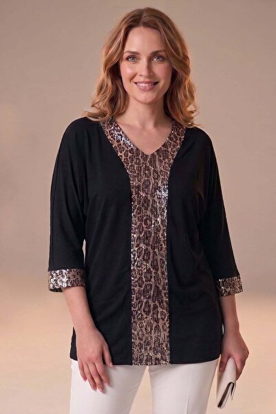 Fulla Moda Sequin Leopard Patterned Bat Sleeve Blouse