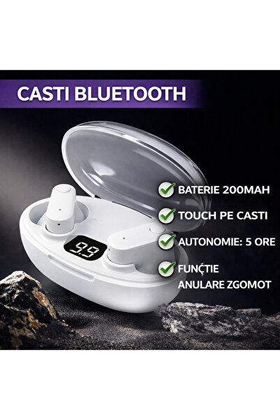 VALDUS Căști Bluetooth 5.3, Baterie de stație de încărcare de 200mAh, Autonomie în standby de 180 de ore, Control tactil pe căști, Respingere/Răspuns apeluri VTS-210, Alb