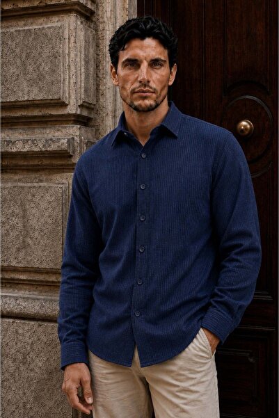 Valiberta Pixel Relaxed Fit Cotton Micro Striped Flannel Men's Shirt - Navy Blue
