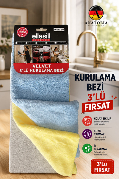 Ellesill Velvet Mikrofiber Kurulama Bezi 3'lü 40x30 cm - Araç Mutfak Bardak T...