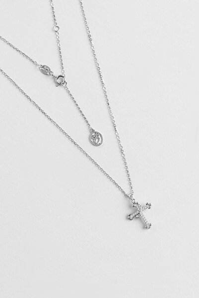 So CHIC... Minimalist 18 Ayar Beyaz Altın Kaplama 45 Cm Gümüş Cross Kolye