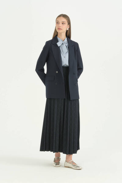 Nihan Double-Breasted Collared Jacket - Navy Blue