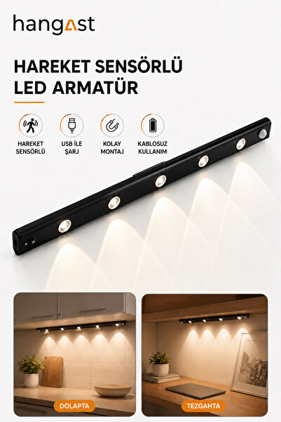 HANGAST 60 CM 5 Mercekli LED Dolap Lambası Hareket Sensörlü USB Şarjlı Kablos...