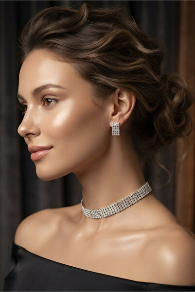 bb bridal boutique Choker taşlı küpe kolye takım parıltılı set kolye taşlı ko...