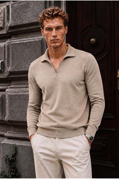 Valiberta Bellagio Half-Zip Thin Men's Knitwear Sweater - Pebble Stone