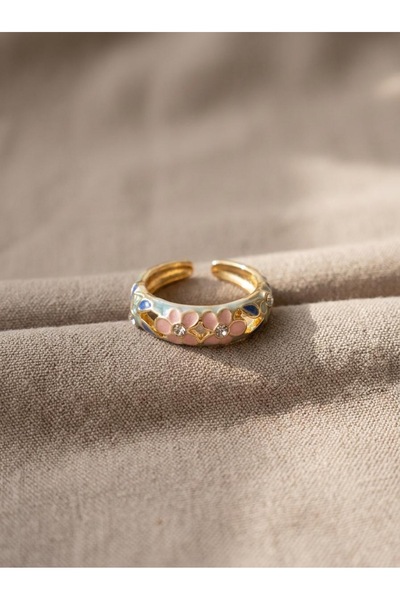 ILSA Enamel Flower Patterned Carved Gold Color Plated Ring