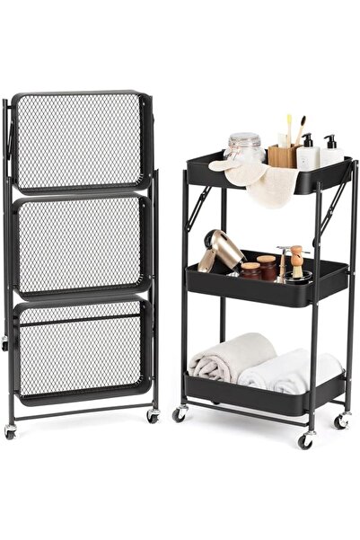 Chulovs 3 Tiers Foldable Storage Trolley Cart Kitchen utility carts Foldable ...
