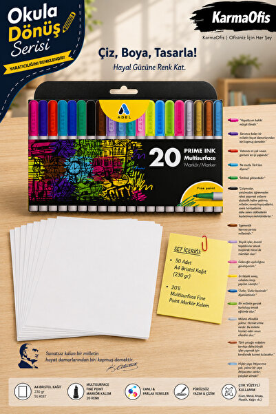 Adel A4 230 Gr Bristol Paper 50 Pieces + Prime Ink 20-Piece Multisurface Fine...