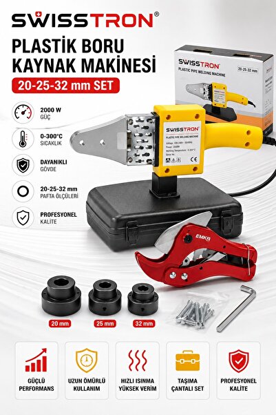 SwissTron 2000W PPRC ECO Seri Boru Kaynak Makinesi 20-25-32 mm 3 Paftalı Isı Ayarlı Makaslı Çantalı Set