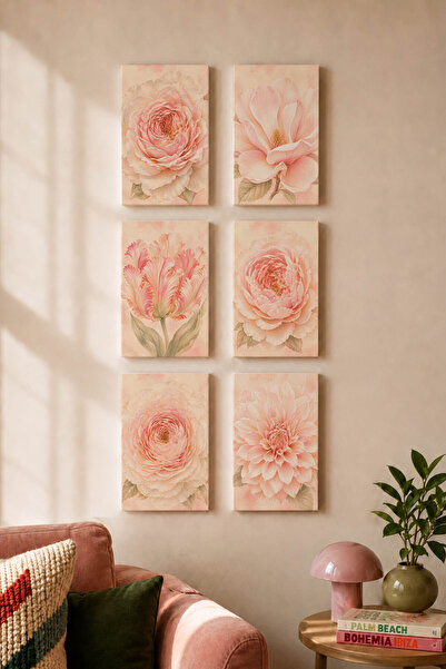 Zestia Set de 6 tablouri pe pânză, bujor pastel, serie de flori în acuarelă, ...