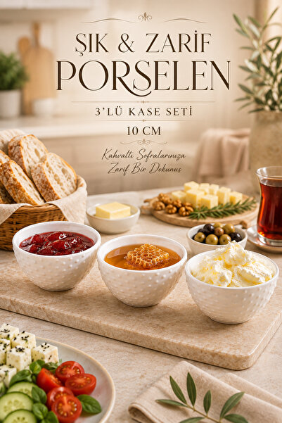Porsima Dora 3'lü Porselen Çerezlik ve Kahvaltılık Kase Seti – 10 cm Kabartma...