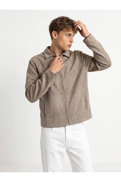 neonstore Erkek Süet Ceket Fermuarlı Regular Fit Klasik Yaka Mevsimlik Ceket