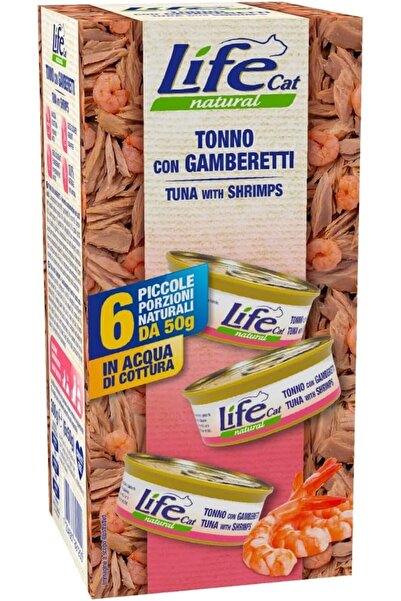 Life Cat علبة متعددة الاستخدامات تحتوي على التونة والروبيان. 6 × 50 جرام