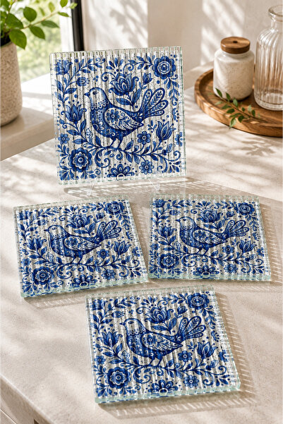 Decorita Glass Coaster |   Ribbed Glass |   Azure Garden |   4-Piece Set |   ...