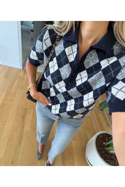 CADDELAMODA Pulover de damă cu gât polo cu model Argyle