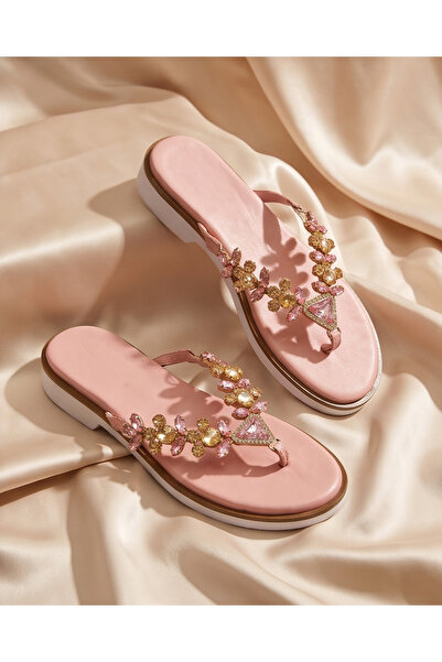 futsi shoes SOLENE Pembe Hakiki Deri Kadın Taşlı Şık Parmak Arası Terlik – Za...
