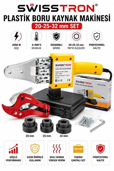 SwissTron PPRC Plastik Boru Kaynak Makinesi Seti 20-25-32 mm Pafta Isı Ayarlı...