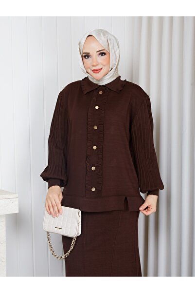 PAVENTİ Knitwear Front Gathered Balloon Sleeve Skirted Two-Piece Set Brown