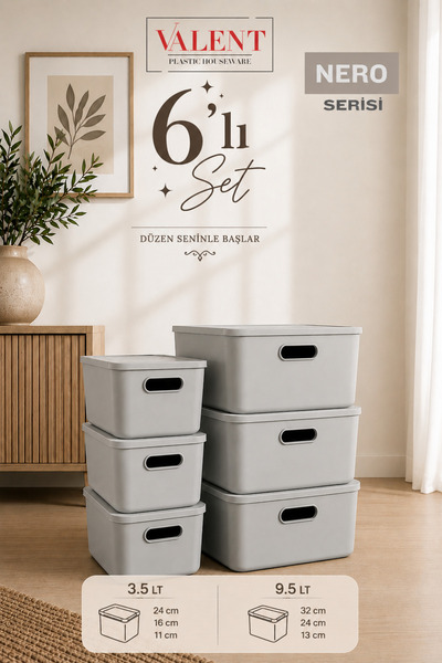VALENT Nero 6'lı Set v1 Çok Amaçlı Kapaklı Organizer Kutu Banyo Mutfak Düzenl...