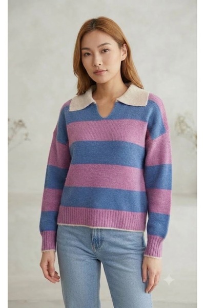 talyambutik Women's Polo Collar Oversize Soft Textured Knitwear Sweater