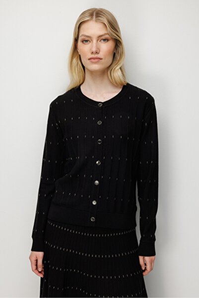 Desen Triko Women's Crew Neck Glittery Striped Knitwear Jacket Black