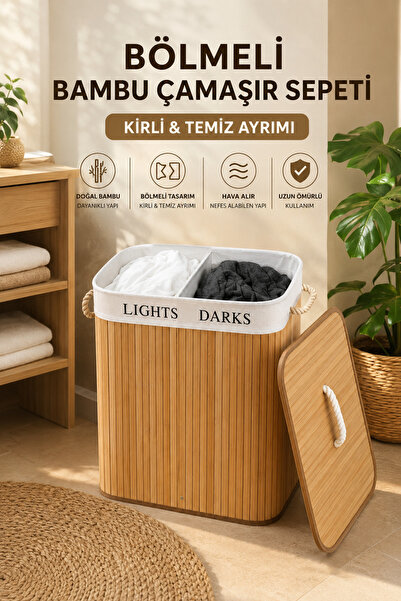 House Bird Bambu Kapaklı Bölmeli Çamaşır Sepeti Lights Darks Kirli Çamaşır Se...