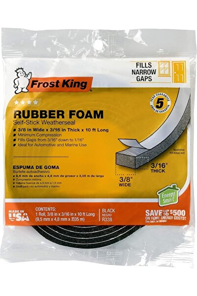 FROST KING R338H Self-Stick Rubber Foam Weatherseal, 3/8 inchW, 3/16 inchT, B...