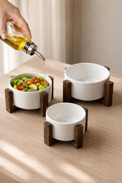 İLİVA 3-Piece Ceramic Presentation Bowl Set with Wooden Stand, Sauce Bowl and...