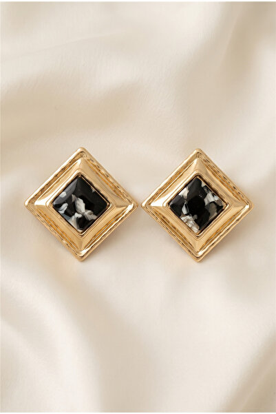 Pelin Aksesuar Black Marble Patterned Gold Framed Large Square Earrings