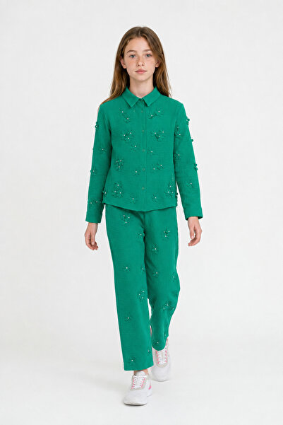 Chıldeer Girl's Floral Appliqué Linen-Look Shirt and Trousers Two-Piece Set