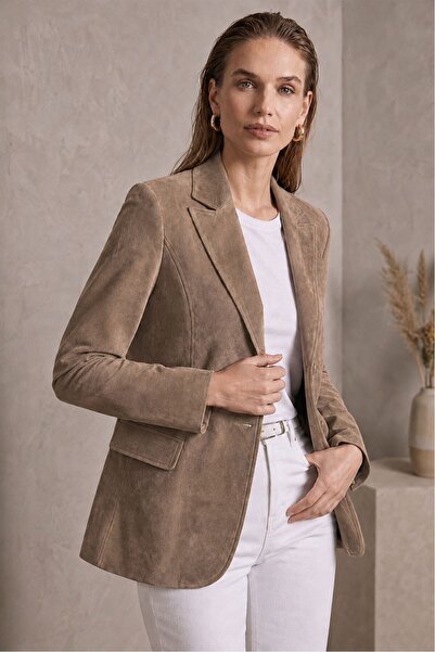 Deriderim Louisa Camel Blazer Kadın Hakiki Süet Ceket