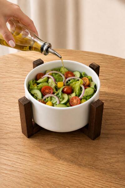 İLİVA Ceramic Bowl with Wooden Stand, Salad Plate, Serving Dish and Sauce Bow...