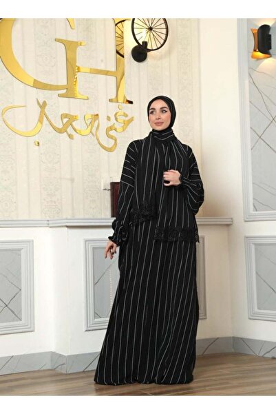 ghina hijab شرشف غنى حجاب قطعة واحدة مخطط - أسود