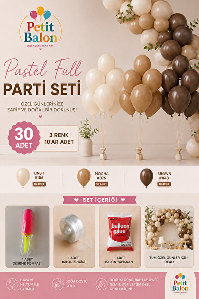 Gemar 30 Adet Pastel Kahve Ton Balon Ful Parti Seti (balon zinciri, balon yap...