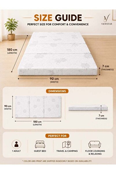 ZeeSquare Viewstar Foldable Mattress 180 × 90 × 7 cm, Tri-Fold Folding Medicated Foam Mattress, Portable Floor Mattress with Washable Satin Cover for Guest Bed, Camping & Travel