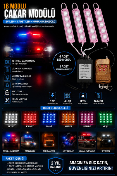 AKÇAKAYA 12V 16 Modlu LED Çakar Seti – 4’lü Led + Kumandalı