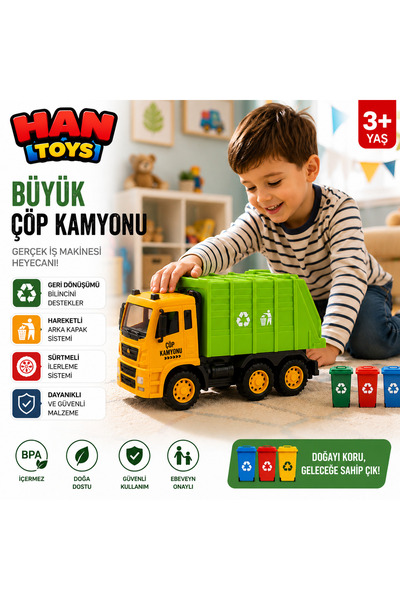 Han toys Geri Dönüşüm Oyuncak Çöp Kamyonu 6 Tekerlekli Turuncu Yeşil