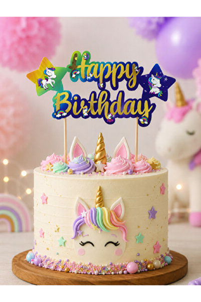 Magique Party Unicorn Temalı "Happy Birthday" Pasta Süsü