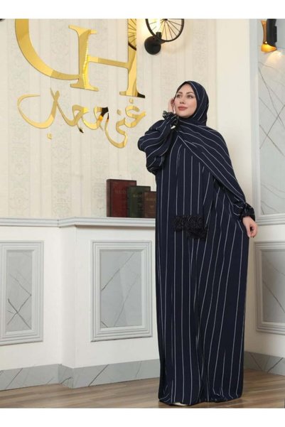 ghina hijab شرشف غنى حجاب قطعة واحدة مخطط - كحلي