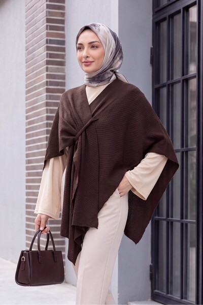 HİJABAYA Casual Cut Daily Knitwear Poncho - Brown