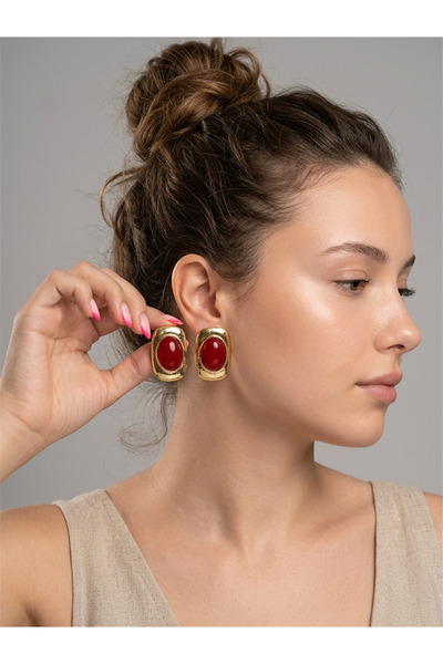 Pelin Aksesuar Burgundy Stone Gold Framed Large Oval Earrings